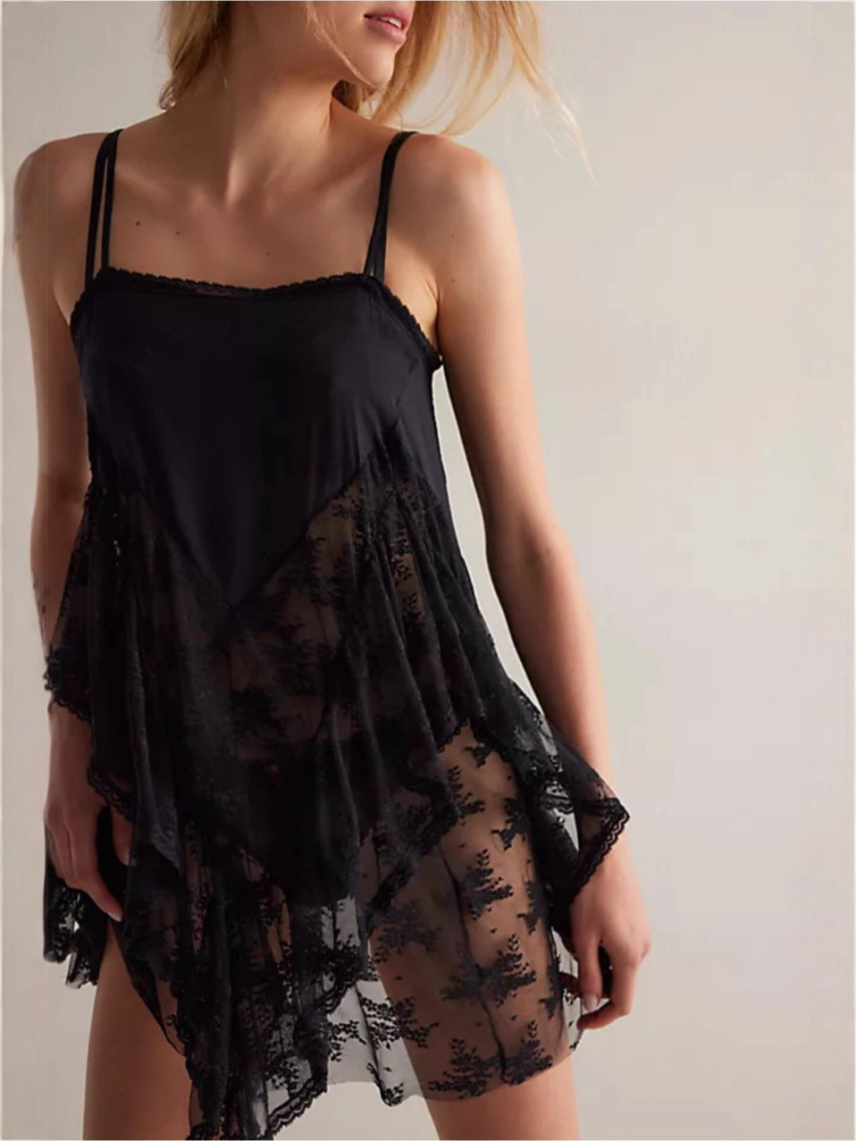 Women Lace Trim Satin Camisole Top Silky Spaghetti Strap V Neck Cami Top Flowy Asymmetrical Going Out Tank Tops - Seldom Seen Styles