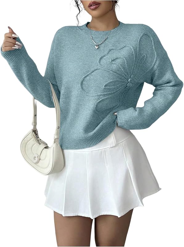 Women's 3D Floral Appliques Crewneck Sweaters Long Sleeve Drop Shoulder Pullovers Elegant Knit Tops - Seldom Seen Styles