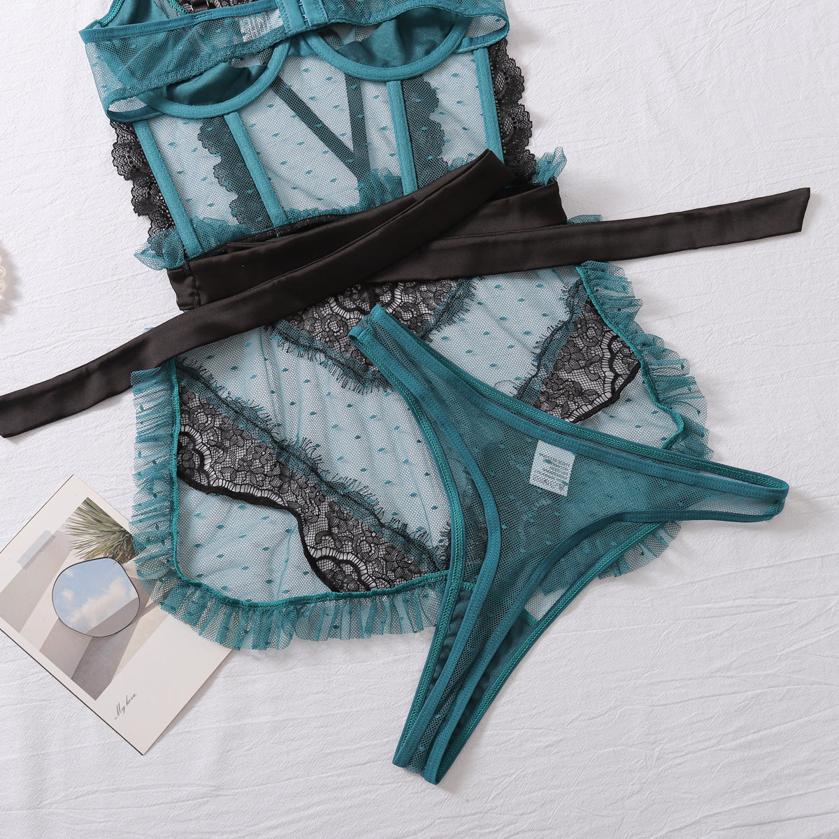 Sexy Color-Block Mesh See-Through Lingerie Hollow Out Backless No-Remove Temptation Erotic Bodysuit with Underwire