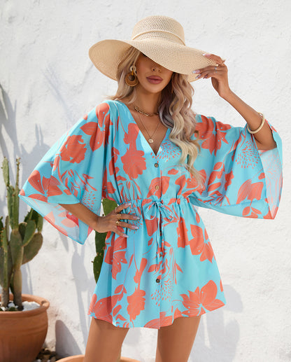 Floral summer dress everyday casual dresses with sleeves Print Five-Quarter Sleeve Dress