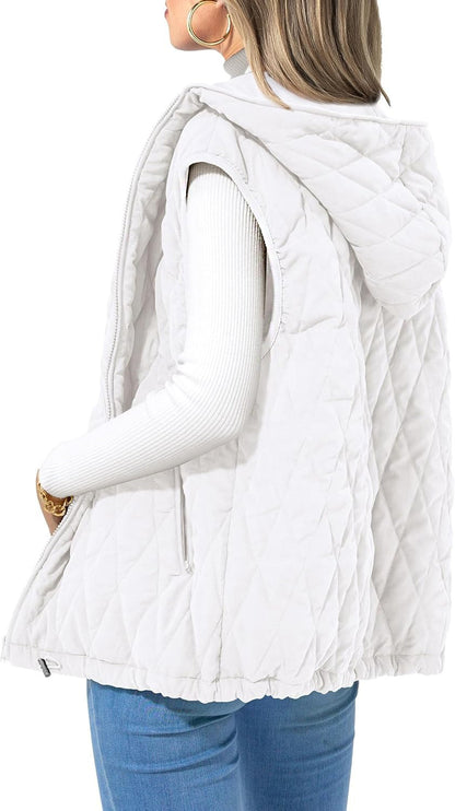 Women's Quilted Vest Casual Sleeveless Hooded Zip Up Diamond pattern Jacket With Pockets Winter Coat Outerwear Minimalist Top