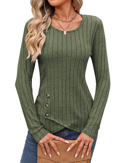 Sweaters for Women Fashion Long Sleeve Tops Button Pullover Crew Neck Casual Loose Slit Sweatshirt - Seldom Seen Styles