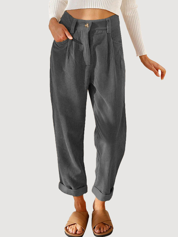 Womens Elastic Waist Straight Leg Corduroy Pants with Pockets, S-2XL - Seldom Seen Styles
