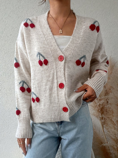 Women's Cherry Pattern Button Front Knitting Longsleeves Cardigan, Casual Elegant Long Sleeve Sweater Cardigan for Fall &amp; Winter, Women's Knit Clothing for Daily Wear, Cardigan for Women, Women's Cardigan, Womenswear, Knitwear, Clothe - Seldom Seen Styles