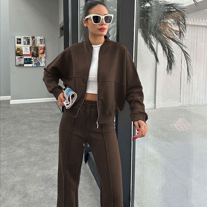 Sporty Two-piece Set Women's Plain Mock Neck Zip Up Jacket & Pocket Drawstring Waist Sweatpants Sports Sweat Suit, Sports Cozy Breathable Outfits Tracksuits for Daily Outdoor Wear, Tracksuit Set, Ladies Sportswear for All Seasons