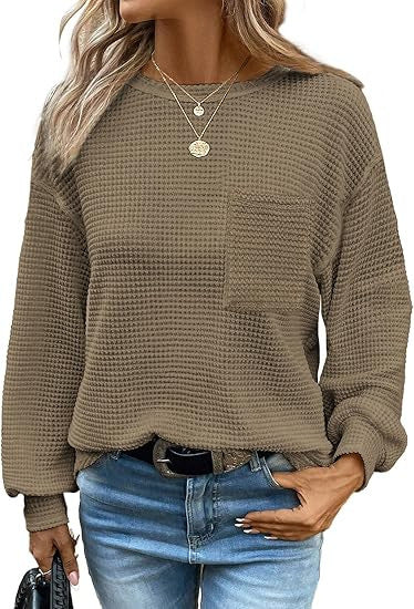 Womens Waffle Knit Tops 2025 Oversized Long Sleeve Crewneck Shirts Business Casual Blouses Basic Shirts - Seldom Seen Styles