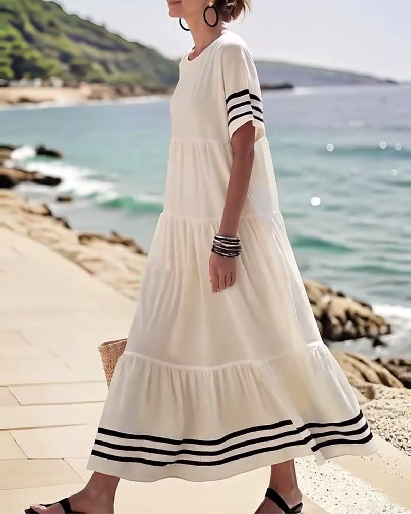Summer Crew Neck Black Striped Loose A Line Sundress for Women with Short Sleeves Flowy Beach Patchwork Maxi Dresses - Seldom Seen Styles