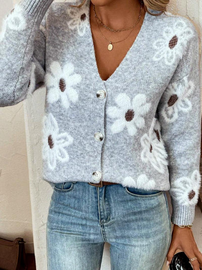 Plus Size Floral Print Button Front Cardigan, Casual Drop Shoulder  V Neck Knitwear for Fall & Winter, Women's Plus Clothing for Daily Wear - Seldom Seen Styles