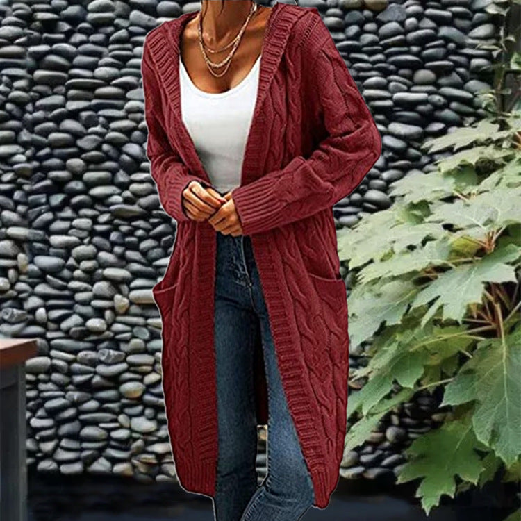 Women's Pocket Drop Shoulder Cardigan, Hooded Long Sleeve Warm Top, Casual Textured Knit Open Front Cable Outwear, Sweaters for Women - Seldom Seen Styles