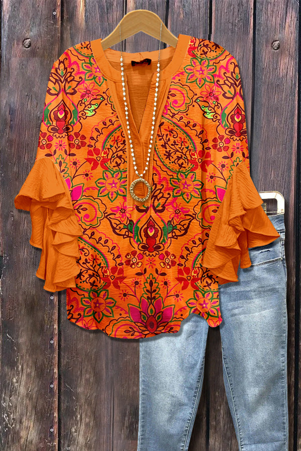 Retro Floral Print Layered Ruffle Sleeve Top Going Outfits Blouses Women Vintage 90s Tops Funny Shirts Women Elegant Classy Tops cute summer outfit