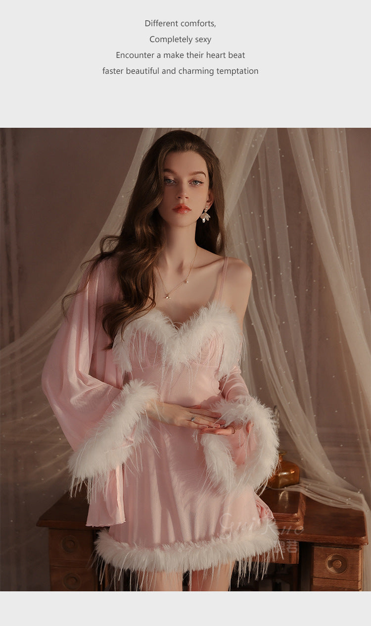 Womens Sexy 3 Piece Fuzzy Lingerie Set Transparent Tulle Nightshirt With Robe and G-String - Seldom Seen Styles