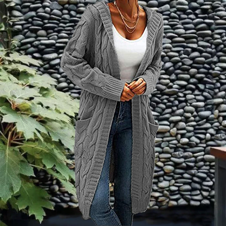 Women's Pocket Drop Shoulder Cardigan, Hooded Long Sleeve Warm Top, Casual Textured Knit Open Front Cable Outwear, Sweaters for Women - Seldom Seen Styles