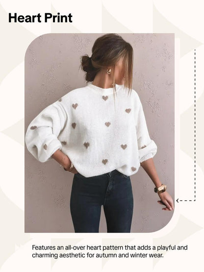 Women's All Over Heart Print Drop Shoulder Sweater, Casual Long Sleeve Round Neck Jumper for Fall & Winter, Fashion Ladies' Knitwear for Daily Wear - Seldom Seen Styles