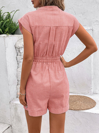 Womens Striped Shorts Romper Dressy Button V Neck Jumpsuits Comfy Business Work Overalls One Piece Jumpsuit w/Pockets
