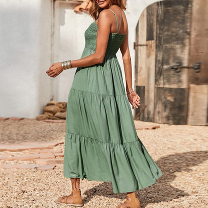 Women's Summer Midi Dress 2025 Casual Boho Sleeveless Spaghetti Strap Smocked Tiered Long Beach Sundresses