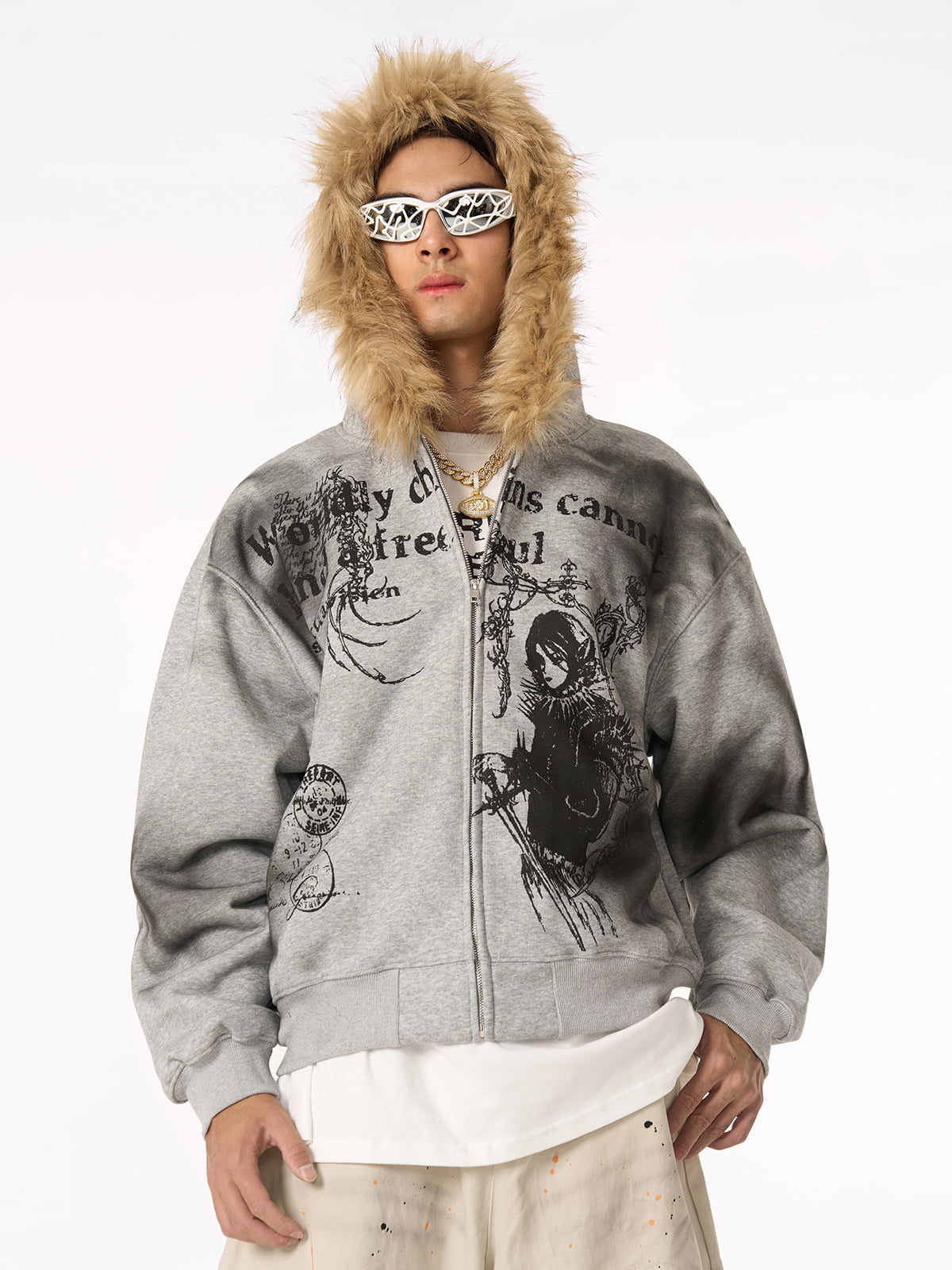 Thesupermade Wasteland Style Cardigan Zip UP Fur Hooded Jacket - 2279 