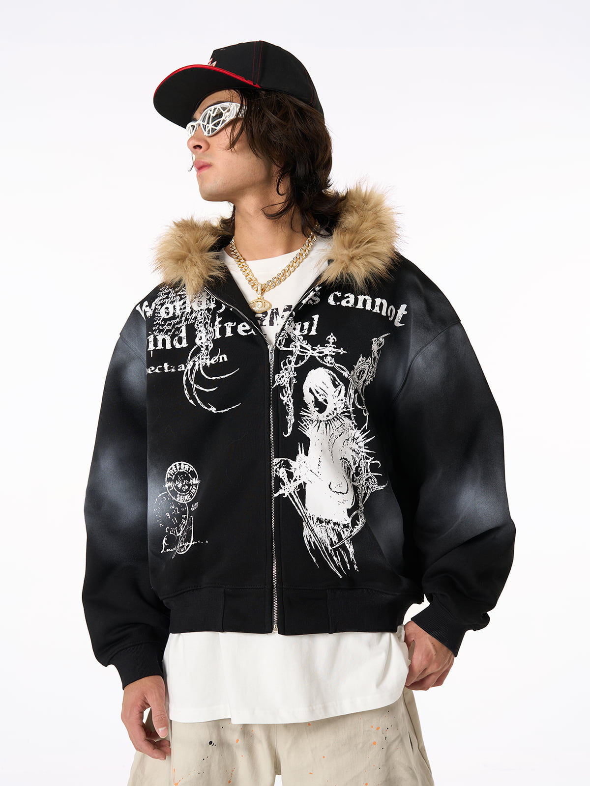 Thesupermade Wasteland Style Cardigan Zip UP Fur Hooded Jacket - 2279 