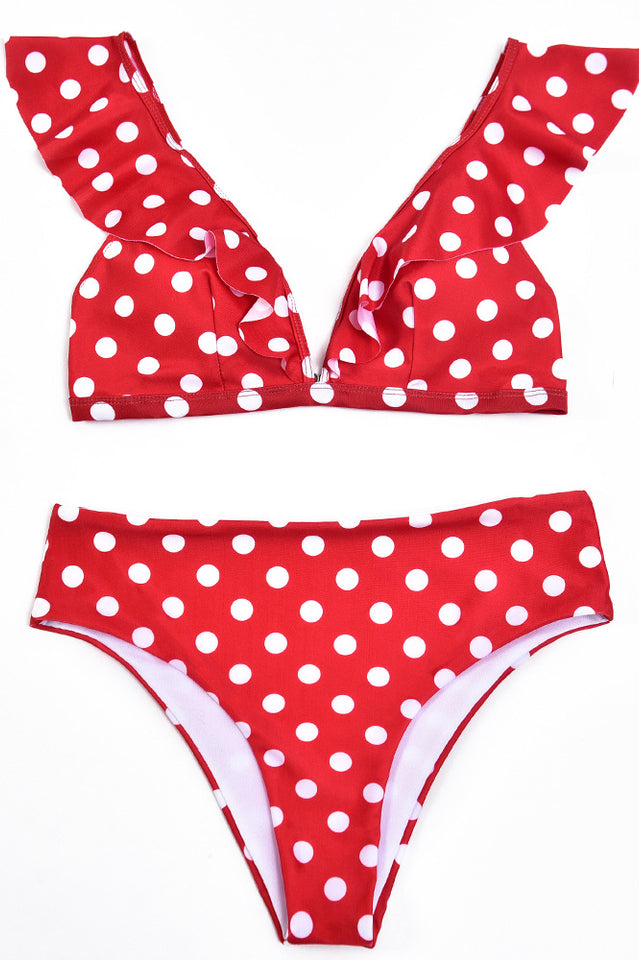 Polka Dot High Waist Ruffle Bikini - Seldom Seen Styles