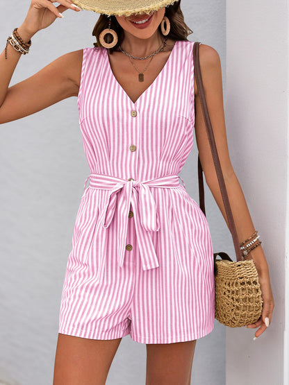 Women's Romper Woven V Neck Sleeveless Waist Tie Wide Leg Stripes Belted Jumpsuit Outfit Casual Dressy