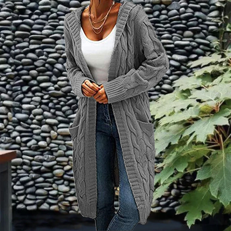 Women's Pocket Drop Shoulder Cardigan, Hooded Long Sleeve Warm Top, Casual Textured Knit Open Front Cable Outwear, Sweaters for Women - Seldom Seen Styles