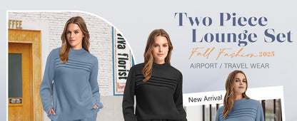 Two Piece Sets for Women Fall Travel Vacation Outfits Long Sleeve Lounge Sets Side Slit Wide Leg Pants S-3XL