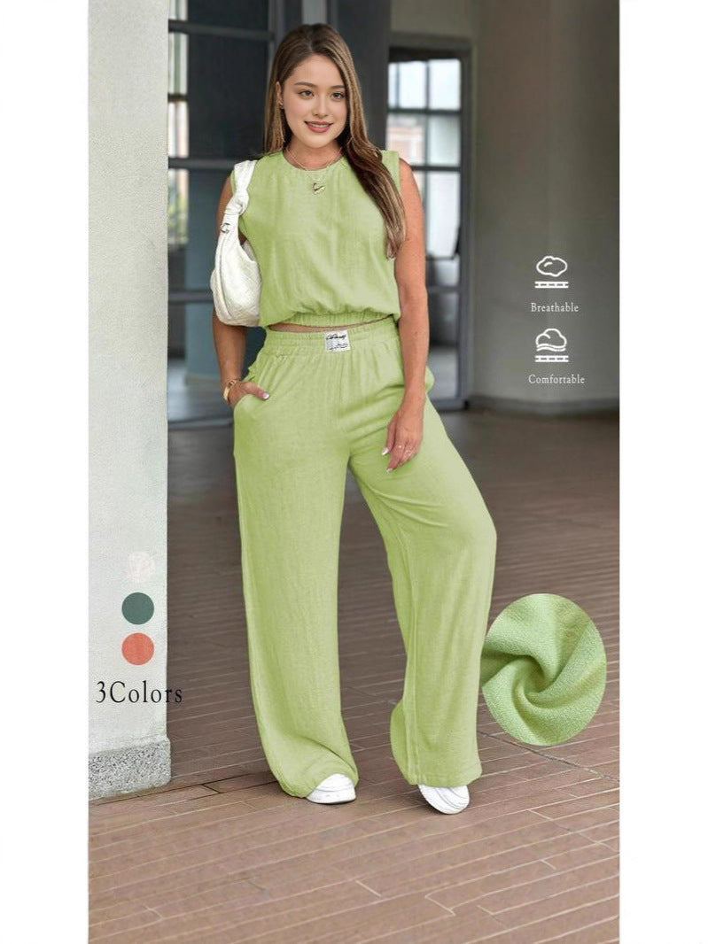 Two-Piece Set Women's Solid Color Tank Top & Wide Leg Pants Set, Casual Fashion Cozy Breathable Two-piece for Daily Outdoor Wear, Ladies Clothes for Summer, Suits - Seldom Seen Styles