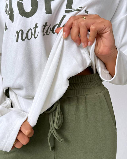 Women's 2 Piece Outfit Nope Not Today Print Skew Neck Long Sleeve Pullover Top with Stretchy Waist Long Pants Tracksuit Jogger Set - Seldom Seen Styles