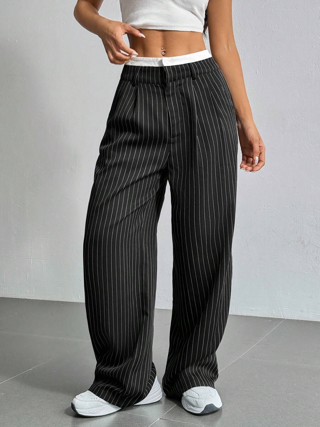 Women's Striped Pants Color Block High Waisted Wide Leg Casual Work Office Long Trousers - Seldom Seen Styles