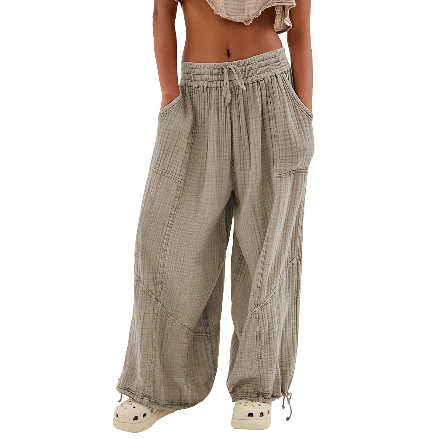 Womens Casual Loose Fit Wide Leg Cotton Pants Drawstring Stitching Baggy Pants Trousers with Pockets - Seldom Seen Styles