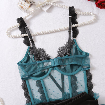 Sexy Color-Block Mesh See-Through Lingerie Hollow Out Backless No-Remove Temptation Erotic Bodysuit with Underwire