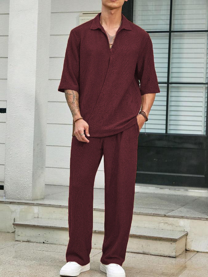 2025Spring New Commuter Suit Shirt Solid Color Short Sleeve Long Pants Men's Two-Piece Casual Set