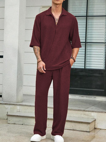 2025Spring New Commuter Suit Shirt Solid Color Short Sleeve Long Pants Men's Two-Piece Casual Set
