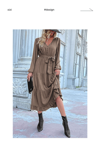 Women's Spring Dresses 2025 Long Sleeve V Neck Button Down Belted A-Line Flowy Ruffle Maxi Shirt Dress Pockets