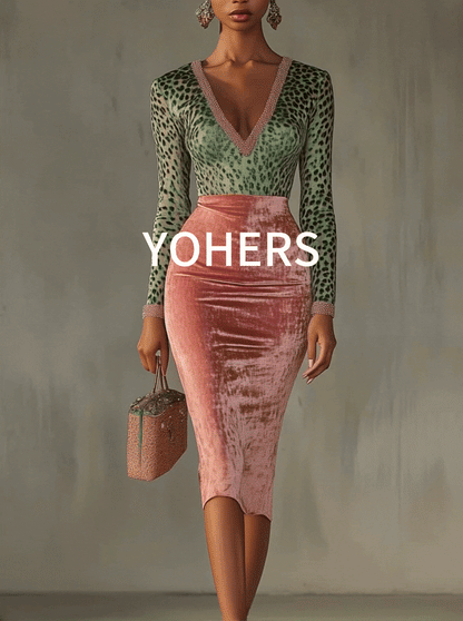 Pink Velvet Bodycon Dress With Patchwork Webbing And Leopard Print