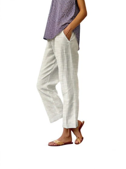 Women's Linen Pants, Side Stripe, Elastic Waist, Straight Leg, Summer Beach Vacation - Seldom Seen Styles