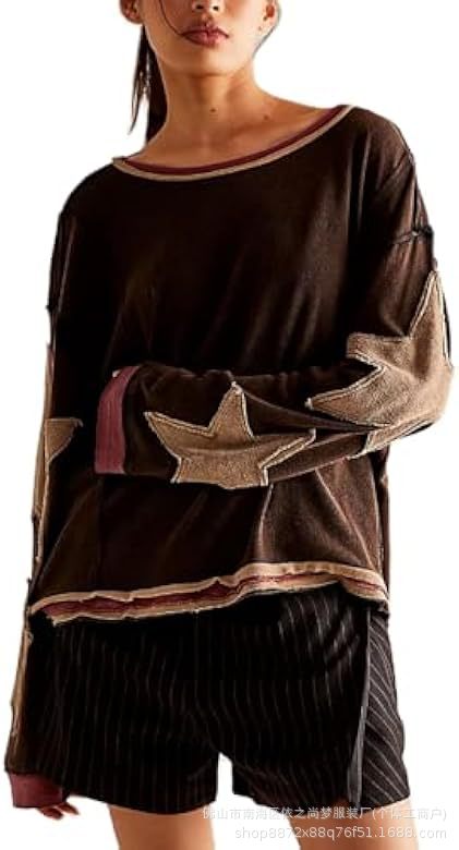 Women's Summer Loose T-Shirt Star Patch Long Sleeve Crew Neck Casual Tops Streetwear - Seldom Seen Styles