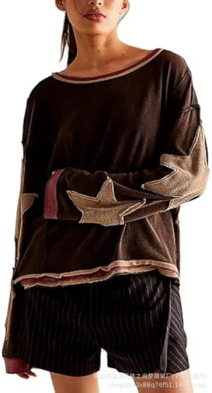 Women's Summer Loose T-Shirt Star Patch Long Sleeve Crew Neck Casual Tops Streetwear - Seldom Seen Styles