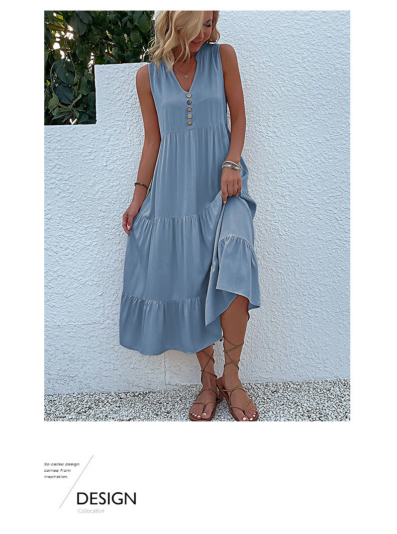 Summer Flowy Maxi Dress with Pockets Sleeveless Loose Casual Sundress V-Neck Tiered Sun Dress for Beach Cruise Vacations