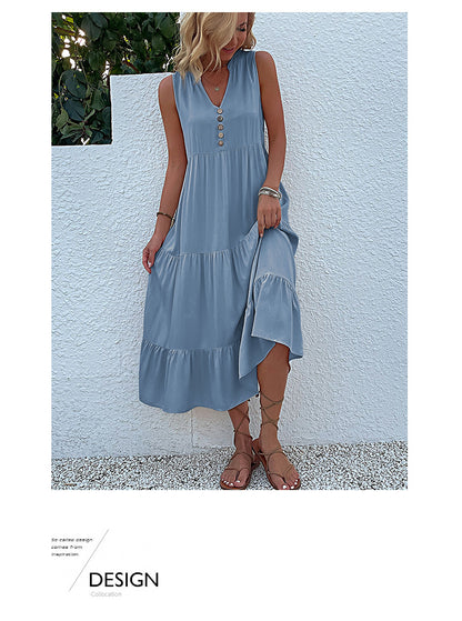 Summer Flowy Maxi Dress with Pockets Sleeveless Loose Casual Sundress V-Neck Tiered Sun Dress for Beach Cruise Vacations