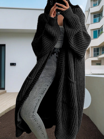 Women's Solid Drop Shoulder Long Cardigan, Casual Pocket Longsleeves Cardigan, Ladies Knitwear for Spring & Fall Daily Wear, Sweaters for Women, Knitting Womenswear - Seldom Seen Styles