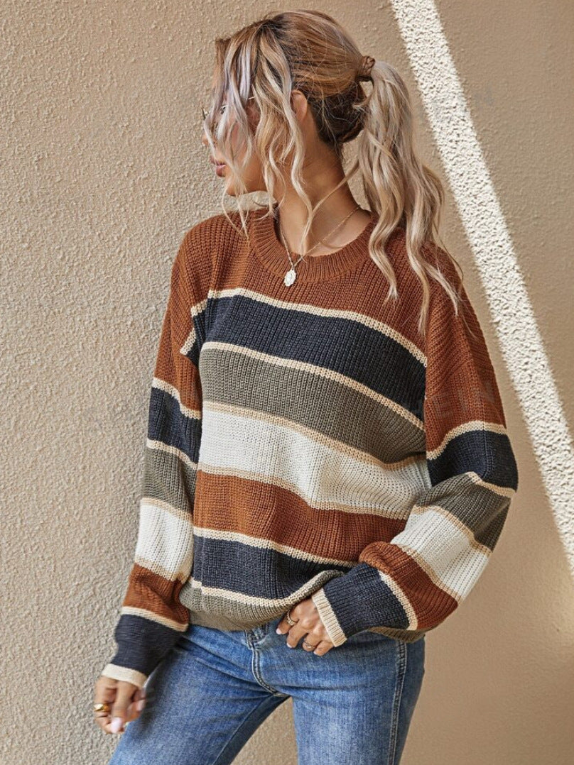 Women's Colorblock Striped Print Drop Shoulder Sweater, Soft Casual Long Sleeve Round Neck Jumper for Fall & Winter, Fashion Ladies' Knitwear for Daily Wear - Seldom Seen Styles
