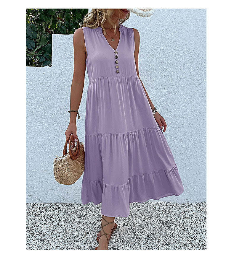 Summer Flowy Maxi Dress with Pockets Sleeveless Loose Casual Sundress V-Neck Tiered Sun Dress for Beach Cruise Vacations