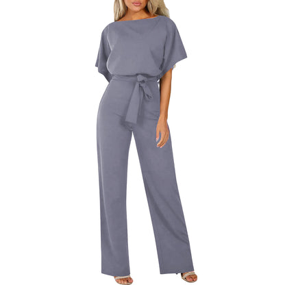 Womens Loose Short Sleeve Belted Wide Leg Pant Romper Jumpsuit Business Casual One Piece Outfits - Seldom Seen Styles
