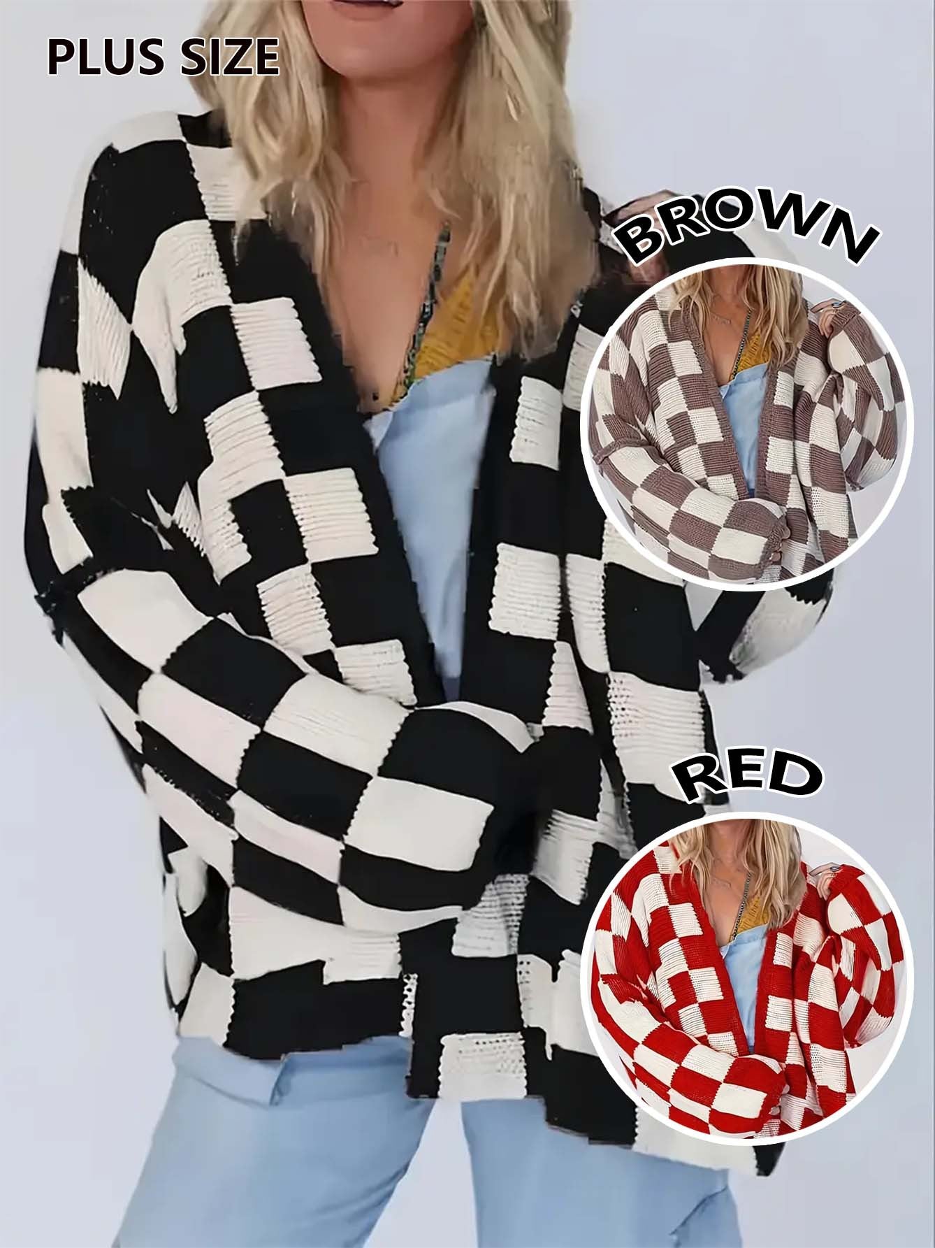 Plus Size Plaid Print Drop Shoulder Cardigan, Casual Long Sleeve Open Front Knitwear for Fall & Winter, Women's Plus Clothing for Daily Wear, Style - Seldom Seen Styles