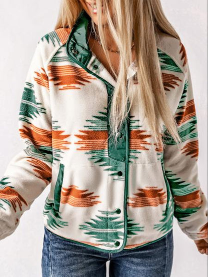 Women's Geometric Print Pocket Button Front Zipper Stand Collar Polar Fleece Jacket, Casual Long Sleeve Outerwear For Fall & Winter, Women's Clothes For Daily Wear - Seldom Seen Styles