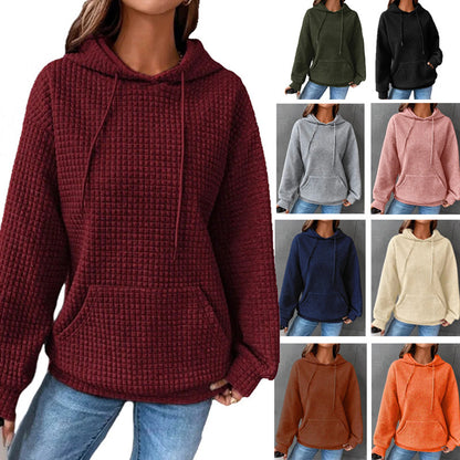 Womens Hoodies Casual Long Sleeve Drawstring Waffle Pullover Tops Loose Hooded Sweatshirt with Pocket - Seldom Seen Styles