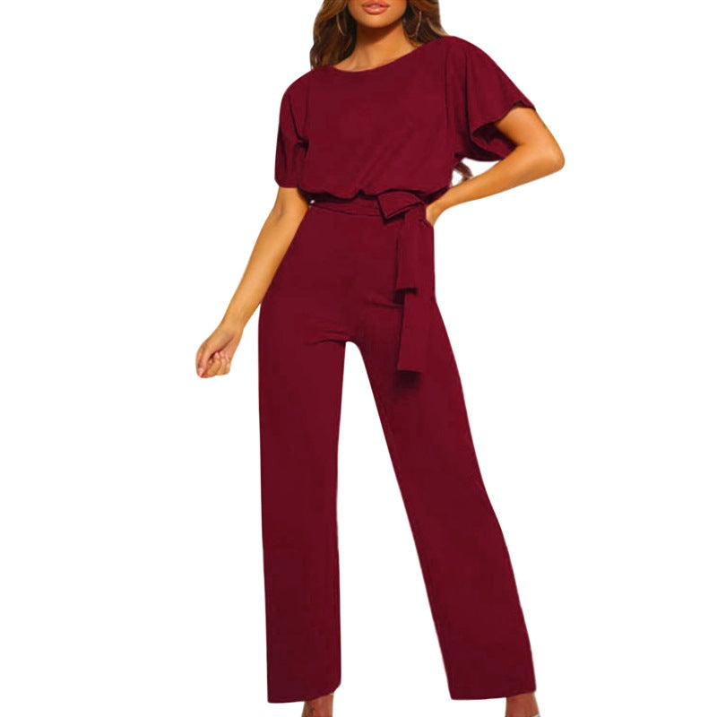 Womens Loose Short Sleeve Belted Wide Leg Pant Romper Jumpsuit Business Casual One Piece Outfits - Seldom Seen Styles