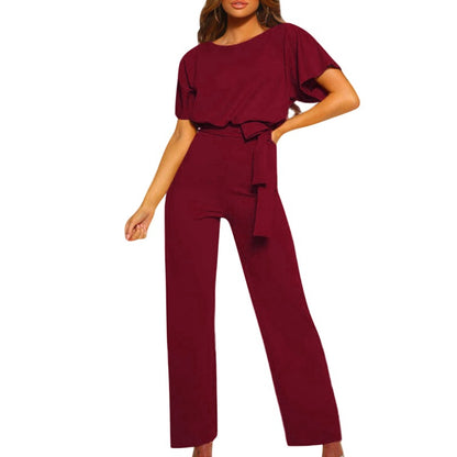 Womens Loose Short Sleeve Belted Wide Leg Pant Romper Jumpsuit Business Casual One Piece Outfits - Seldom Seen Styles