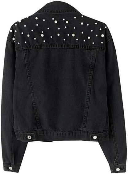 Women's Fashion Loose Embroidered Pearls Beading Cropped Denim Jacket Jean Coat - Seldom Seen Styles