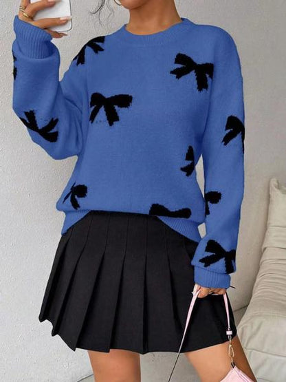 Fashion Bow Print Casual Loose Knitted Sweater Pullover Autumn/Winter Women Pullovers New Full Sleeve Knitwear - Seldom Seen Styles
